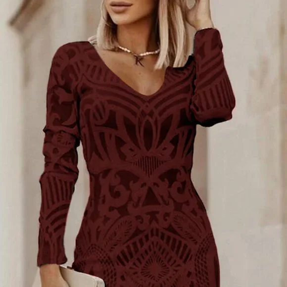 Sheilay Solid Long Sleeves Above Knee Burgundy Bodycon Dress